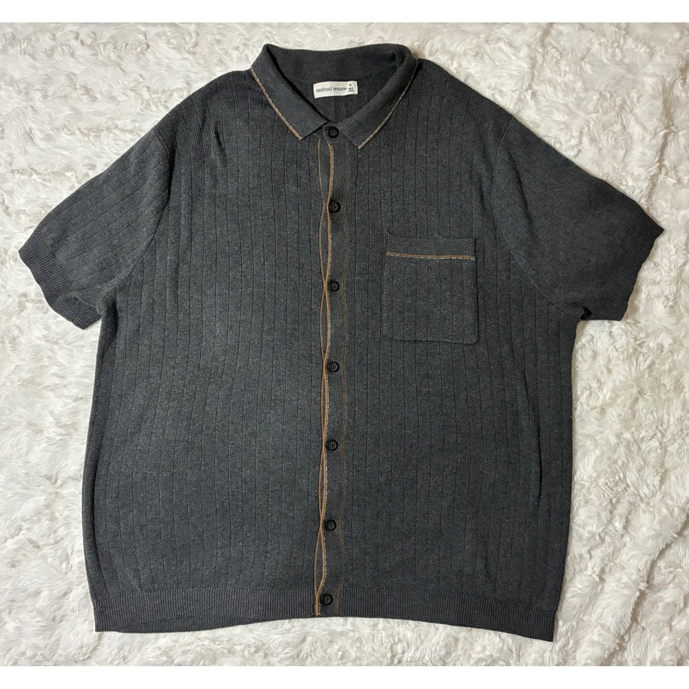 Mutual Weave Mens XL Gray Ribbed Knit Short Sleeve Button Down Shirt Polo Pocket